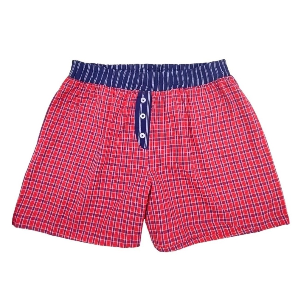 2 Cotton Sleep Shorts Womens XL Pajama Boxer Pockets Red Gingham & Blue Striped - Picture 3 of 11